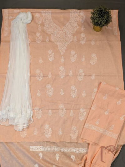 Suit Stories – Light Pastel Orange Khadi Cotton Lucknowi Chikankari Unstitched Suit with White Floral Embroidery and Chiffon Dupatta