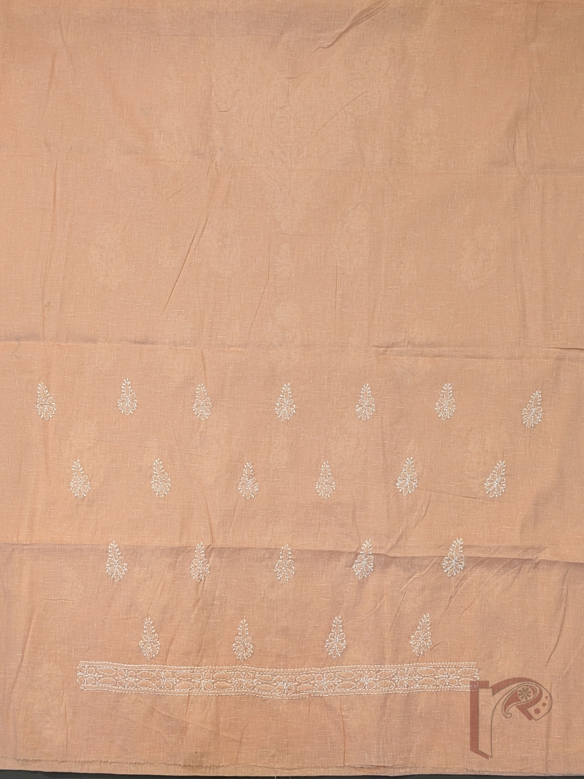 Suit Stories – Light Pastel Orange Khadi Cotton Lucknowi Chikankari Unstitched Suit with White Floral Embroidery and Chiffon Dupatta - Image 5