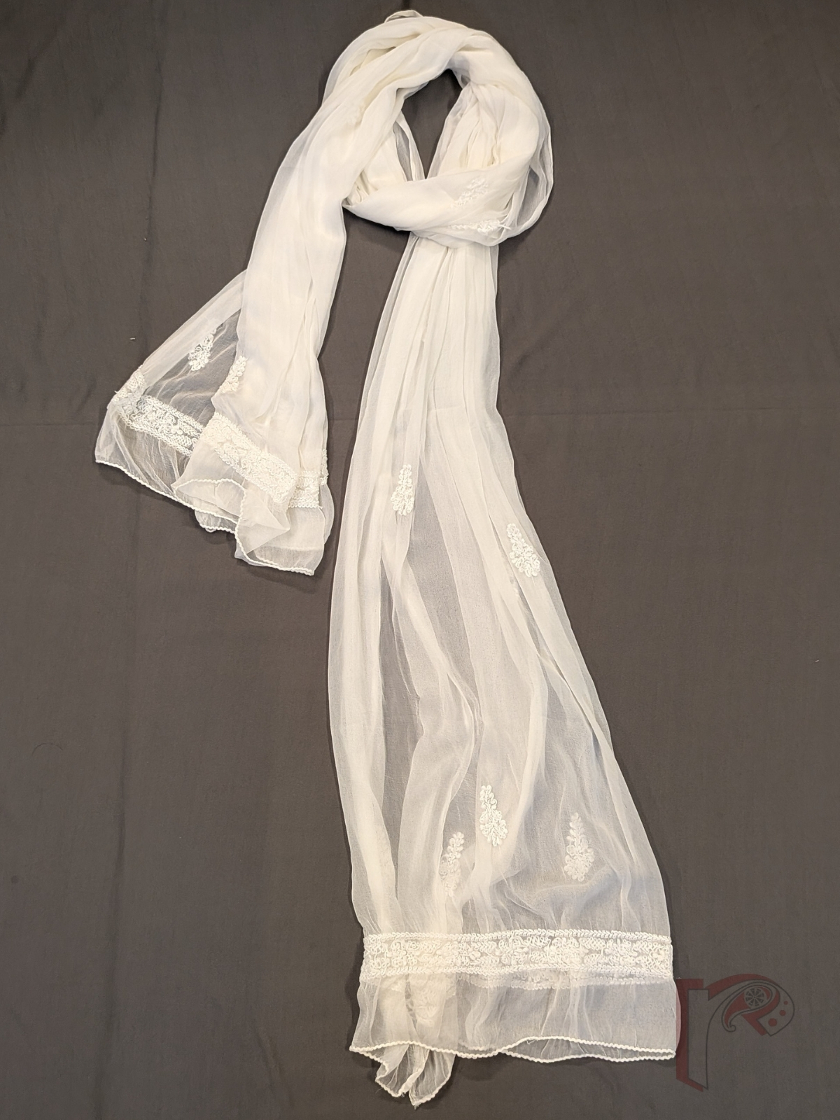 Suit Stories – Light Pastel Orange Khadi Cotton Lucknowi Chikankari Unstitched Suit with White Floral Embroidery and Chiffon Dupatta - Image 6