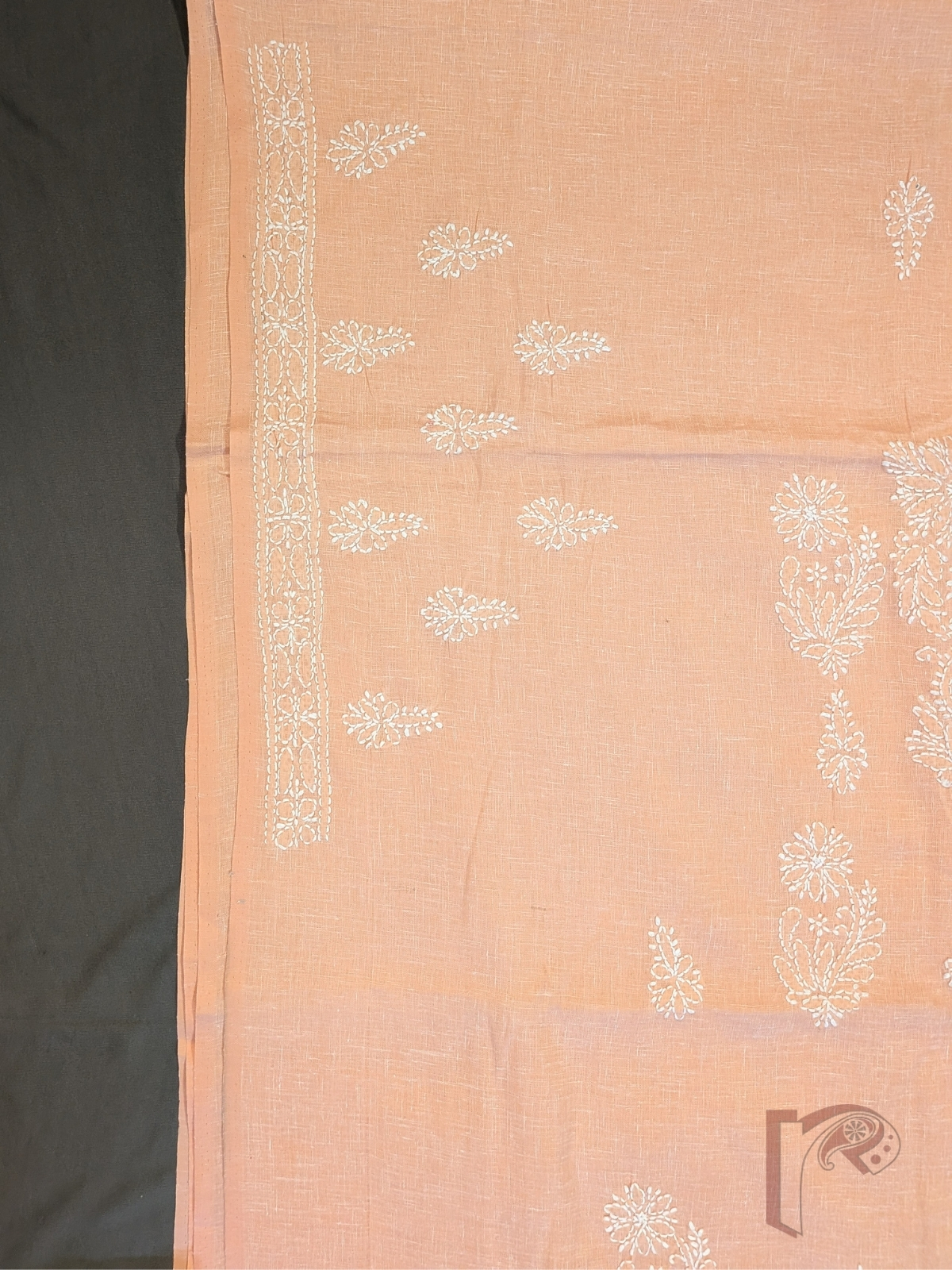 Suit Stories – Light Pastel Orange Khadi Cotton Lucknowi Chikankari Unstitched Suit with White Floral Embroidery and Chiffon Dupatta - Image 7