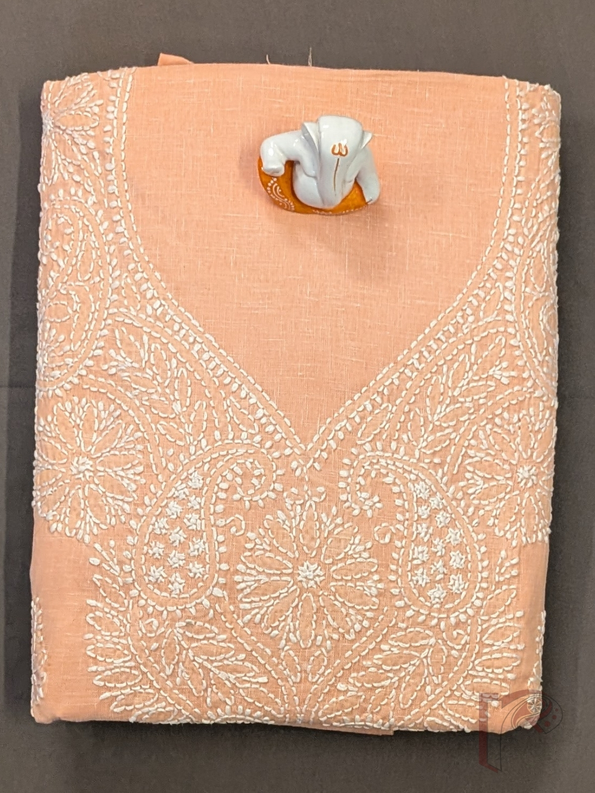 Suit Stories – Light Pastel Orange Khadi Cotton Lucknowi Chikankari Unstitched Suit with White Floral Embroidery and Chiffon Dupatta - Image 8