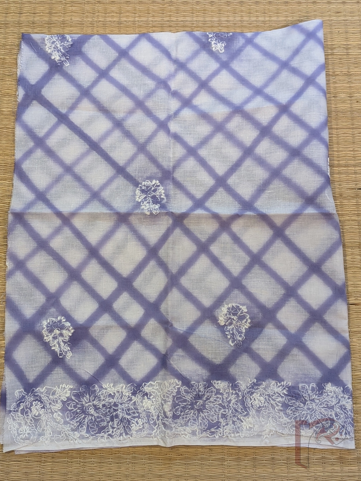 White Pure Cotton Lucknowi Chikankari Blouse Piece with Light Purple Criss-Cross Lines and White Embroidery - Image 2