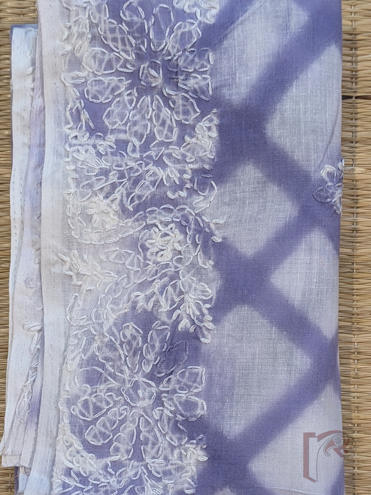 White Pure Cotton Lucknowi Chikankari Blouse Piece with Light Purple Criss-Cross Lines and White Embroidery - Image 3