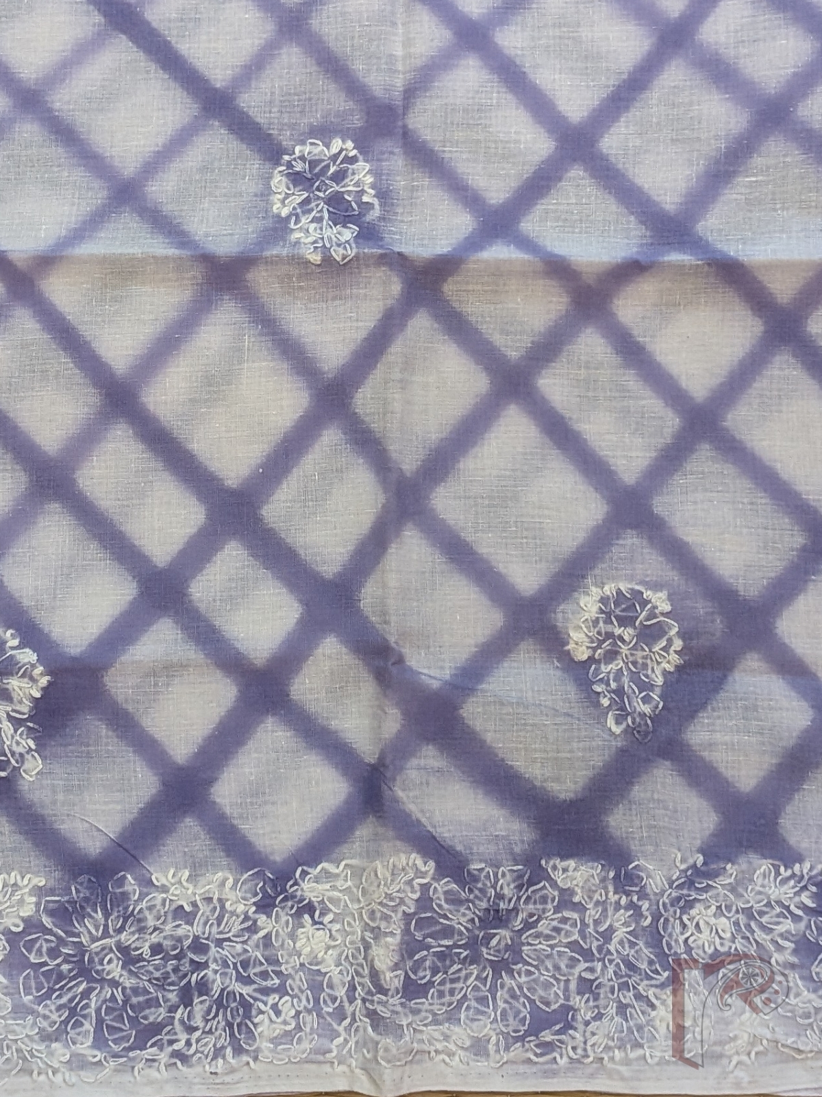 White Pure Cotton Lucknowi Chikankari Blouse Piece with Light Purple Criss-Cross Lines and White Embroidery - Image 4