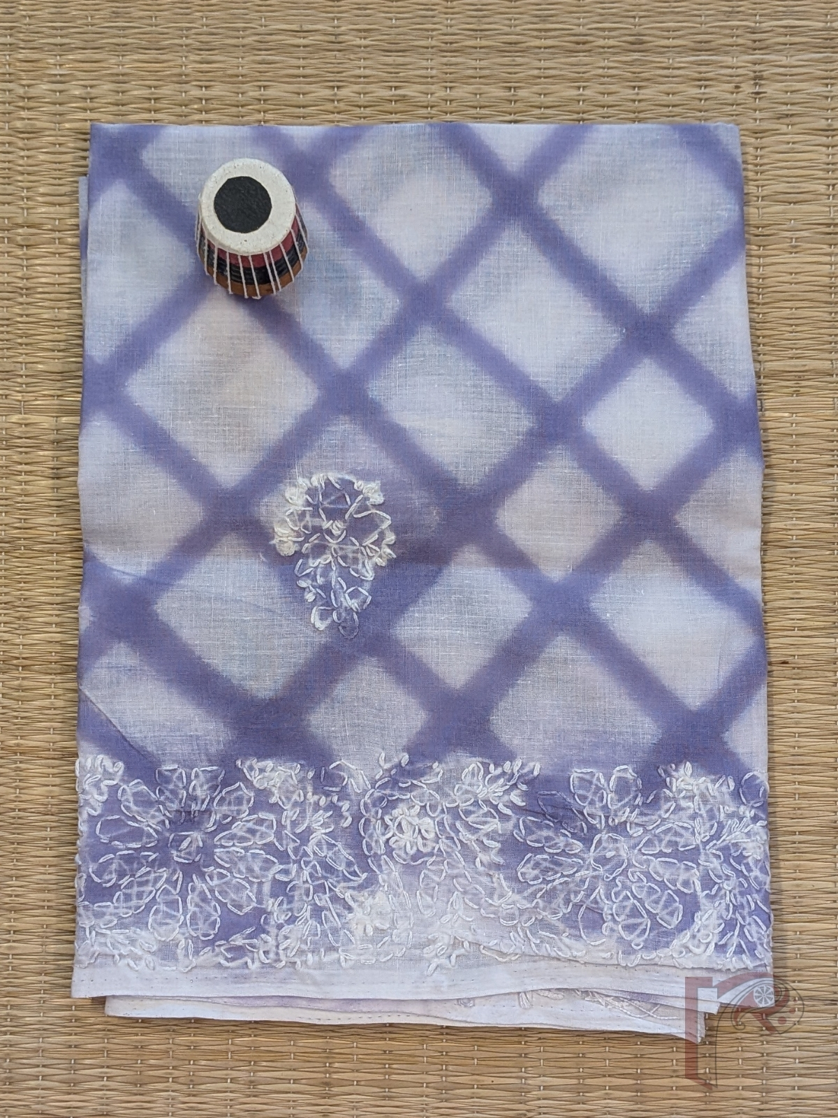 White Pure Cotton Lucknowi Chikankari Blouse Piece with Light Purple Criss-Cross Lines and White Embroidery