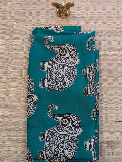 Rama Green Cotton Silk Kalamkari Blouse with Traditional Offwhite Elephant Motifs
