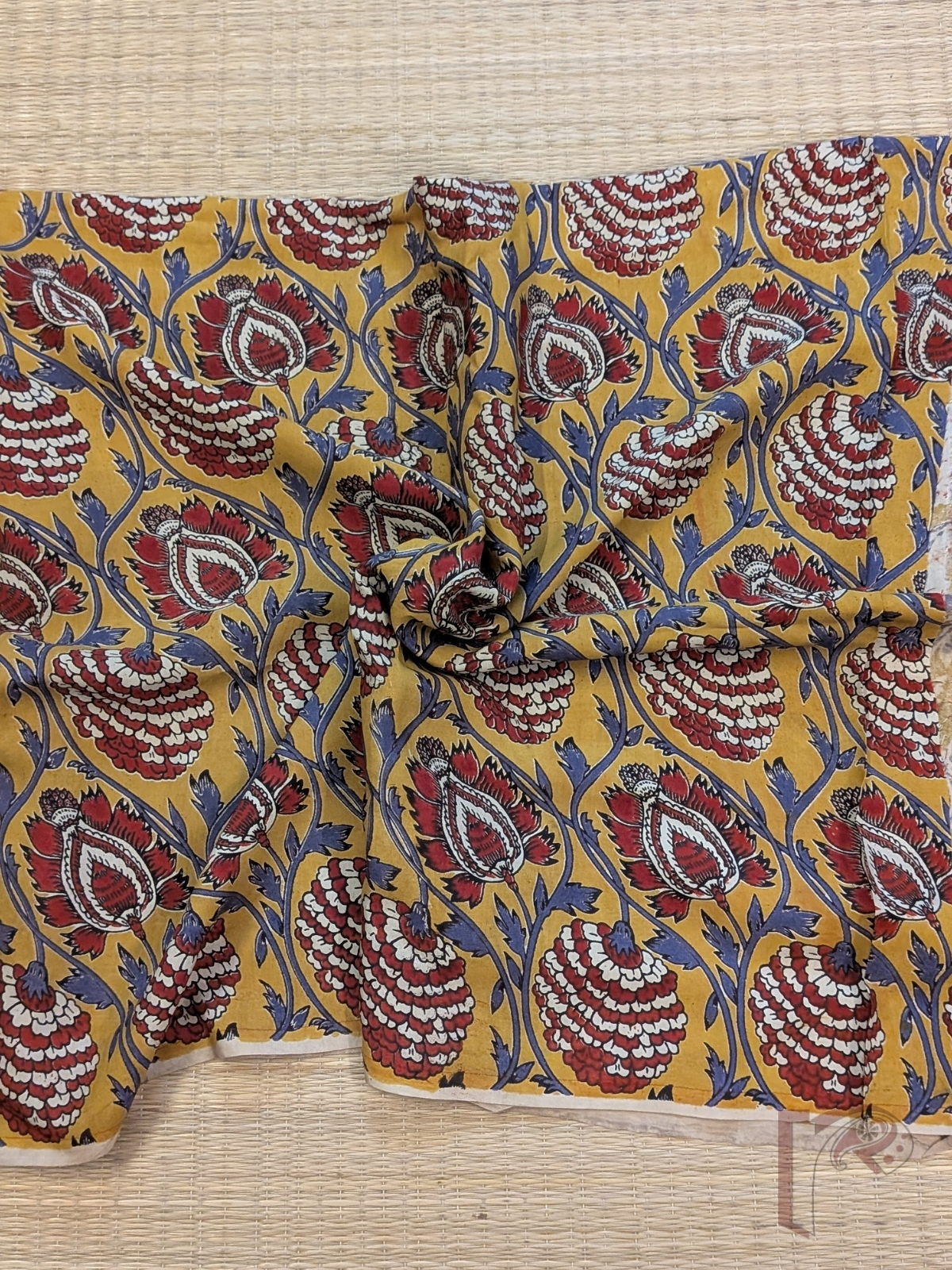 Mango Yellow Cotton Silk Kalamkari Blouse with Maroon and Offwhite Floral Motifs on Purple Vines - Image 2