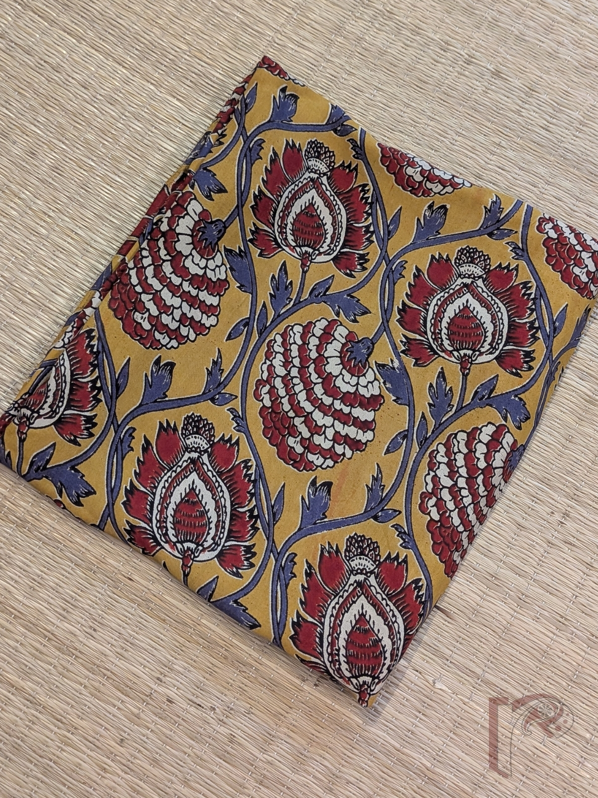 Mango Yellow Cotton Silk Kalamkari Blouse with Maroon and Offwhite Floral Motifs on Purple Vines - Image 3
