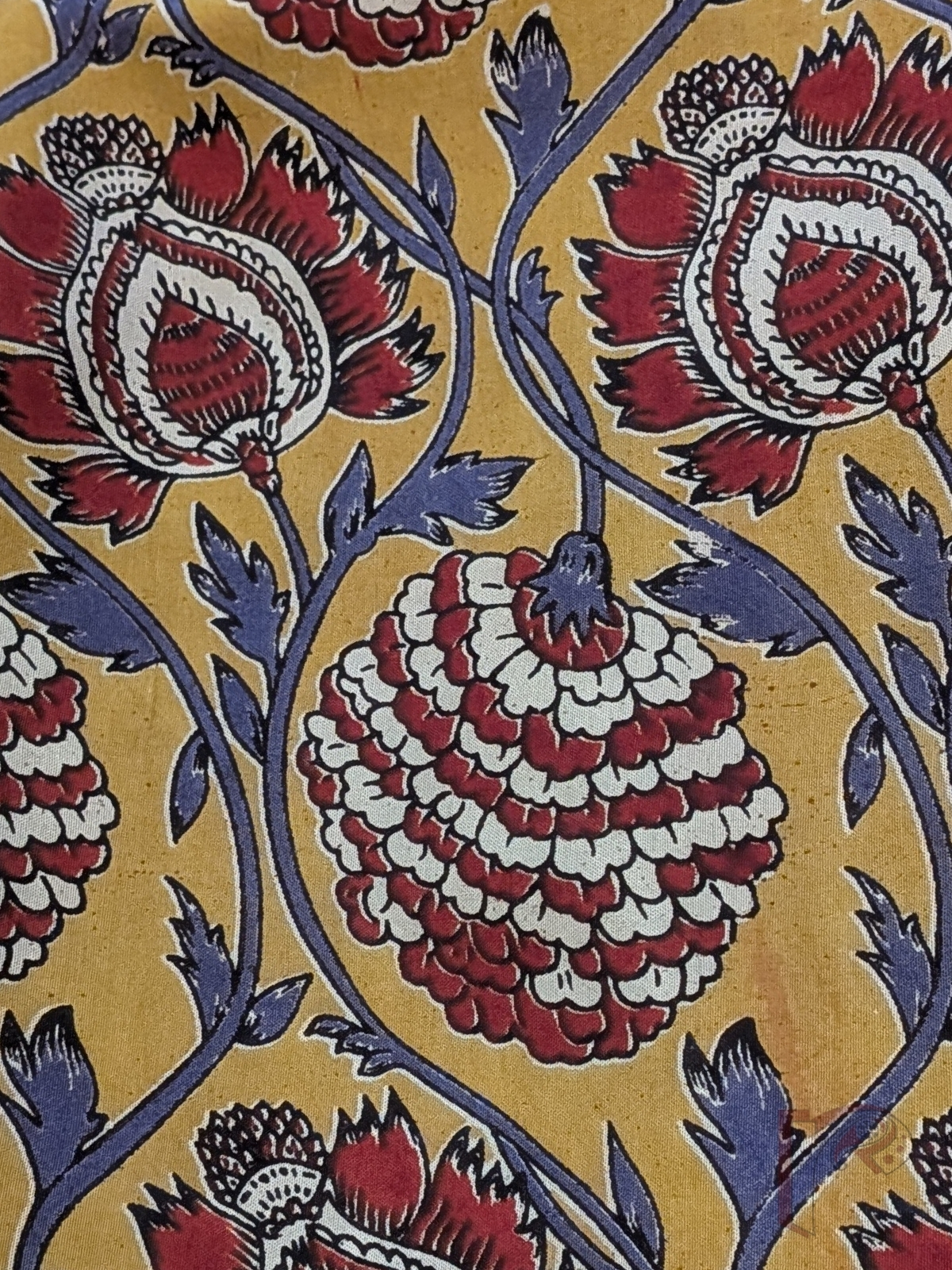 Mango Yellow Cotton Silk Kalamkari Blouse with Maroon and Offwhite Floral Motifs on Purple Vines - Image 4