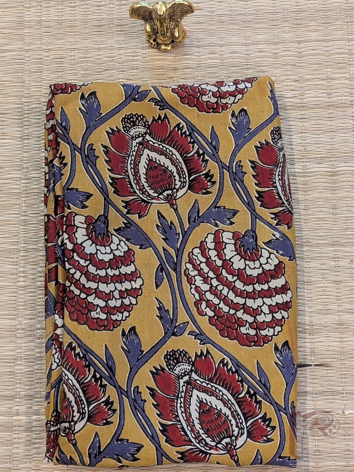 Mango Yellow Cotton Silk Kalamkari Blouse with Maroon and Offwhite Floral Motifs on Purple Vines