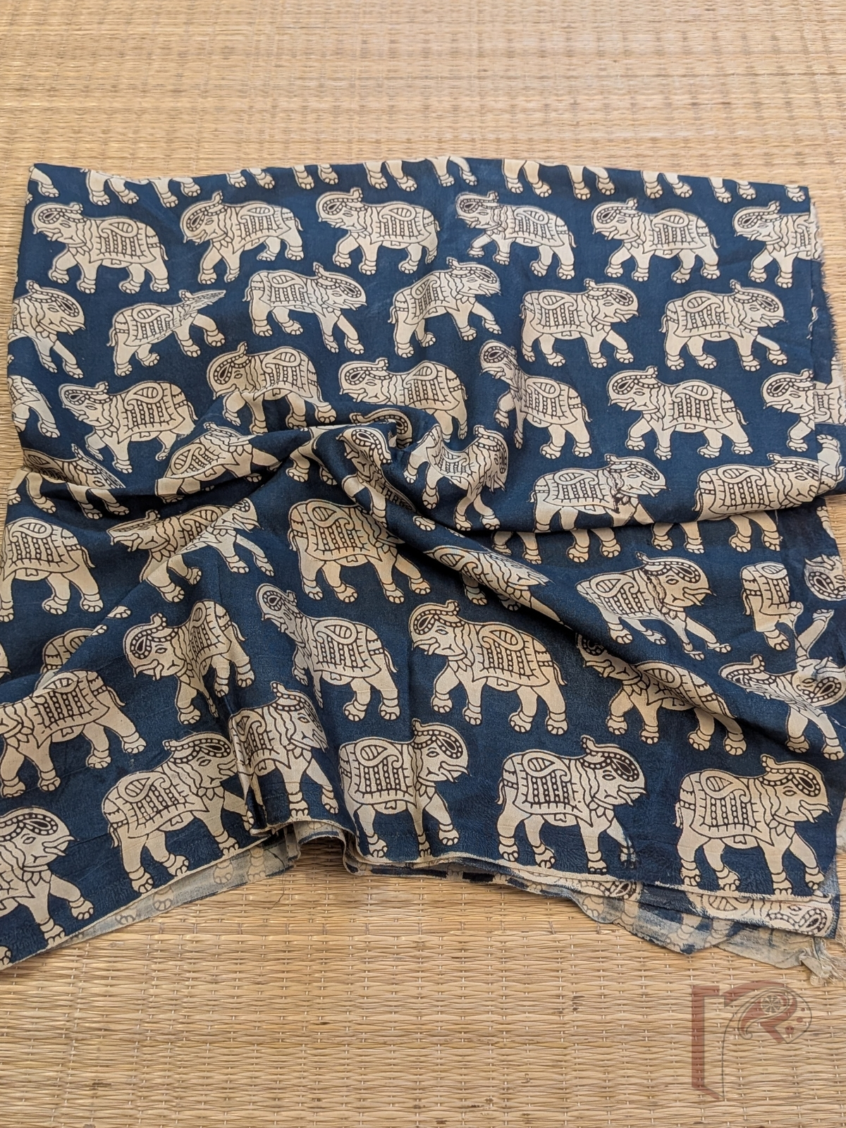 Ink Blue Cotton Silk Kalamkari Blouse with Offwhite Elephant Motifs and Black Traditional Detailing - Image 2
