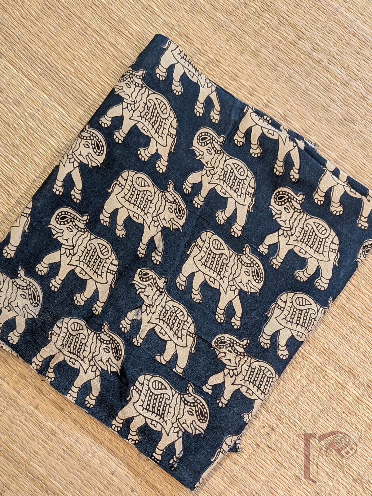 Ink Blue Cotton Silk Kalamkari Blouse with Offwhite Elephant Motifs and Black Traditional Detailing - Image 3