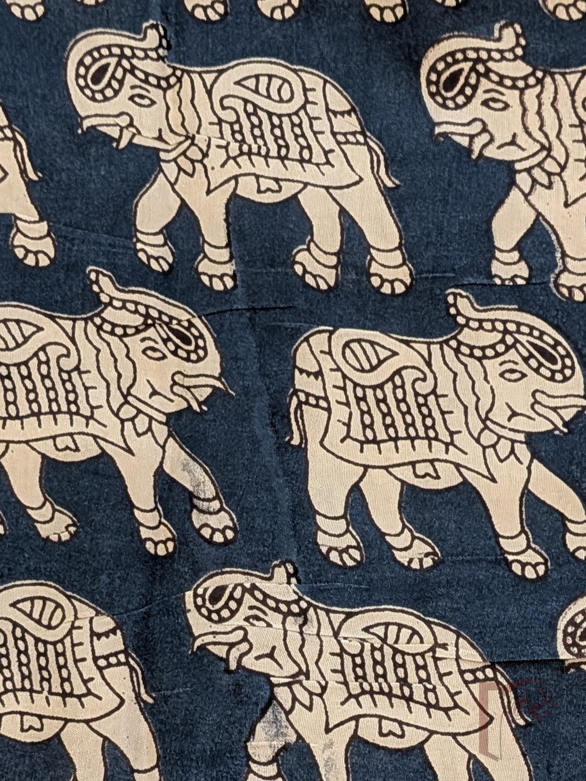 Ink Blue Cotton Silk Kalamkari Blouse with Offwhite Elephant Motifs and Black Traditional Detailing - Image 4