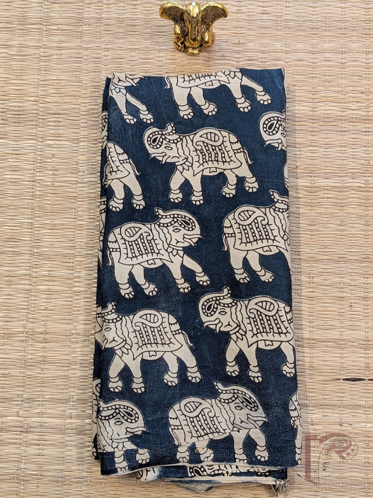 Ink Blue Cotton Silk Kalamkari Blouse with Offwhite Elephant Motifs and Black Traditional Detailing