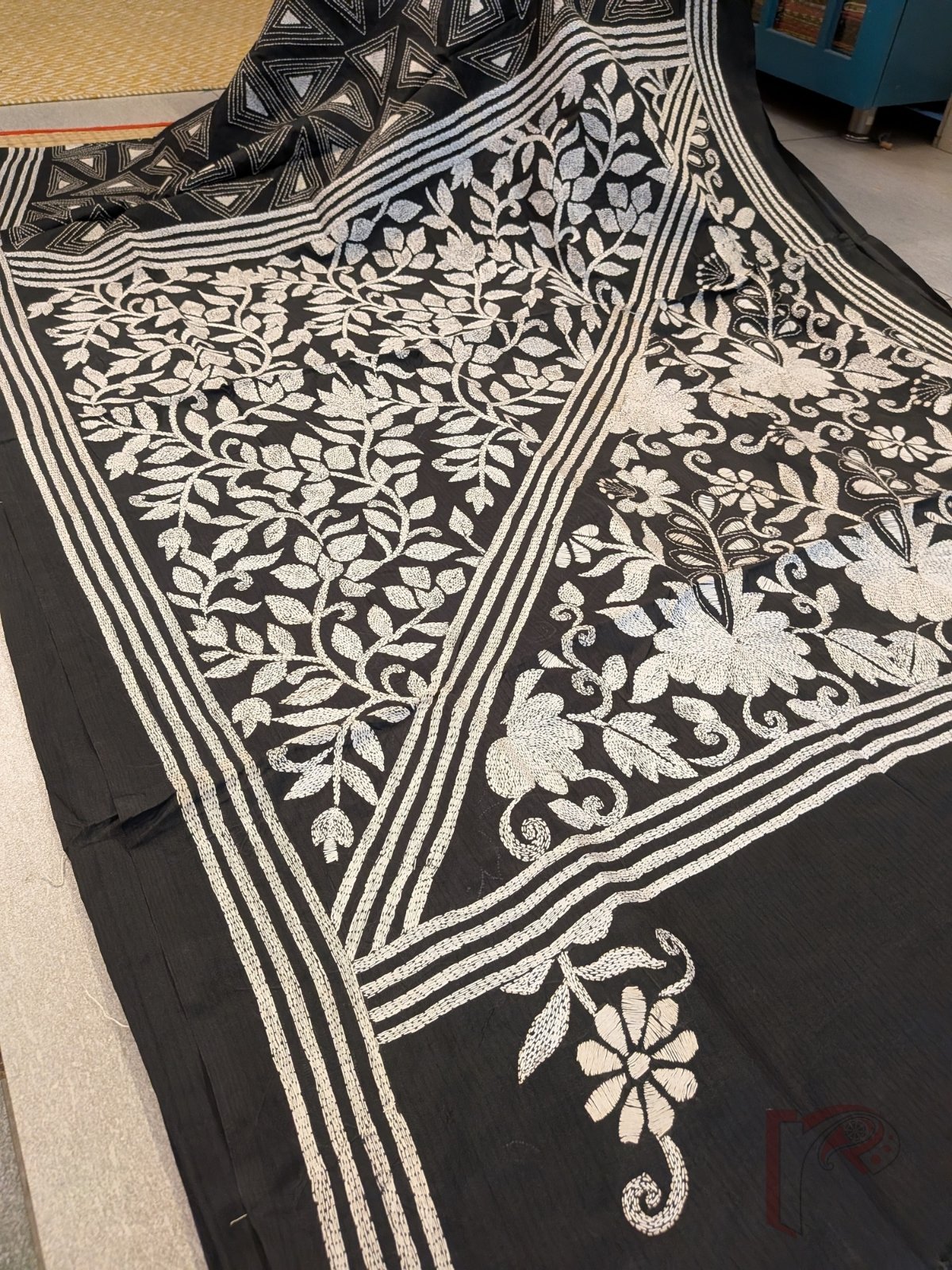 Kantha Keepsakes - Black Blended Silk Saree with White Geometric Triangle and Floral Kantha Embroidery - Image 2