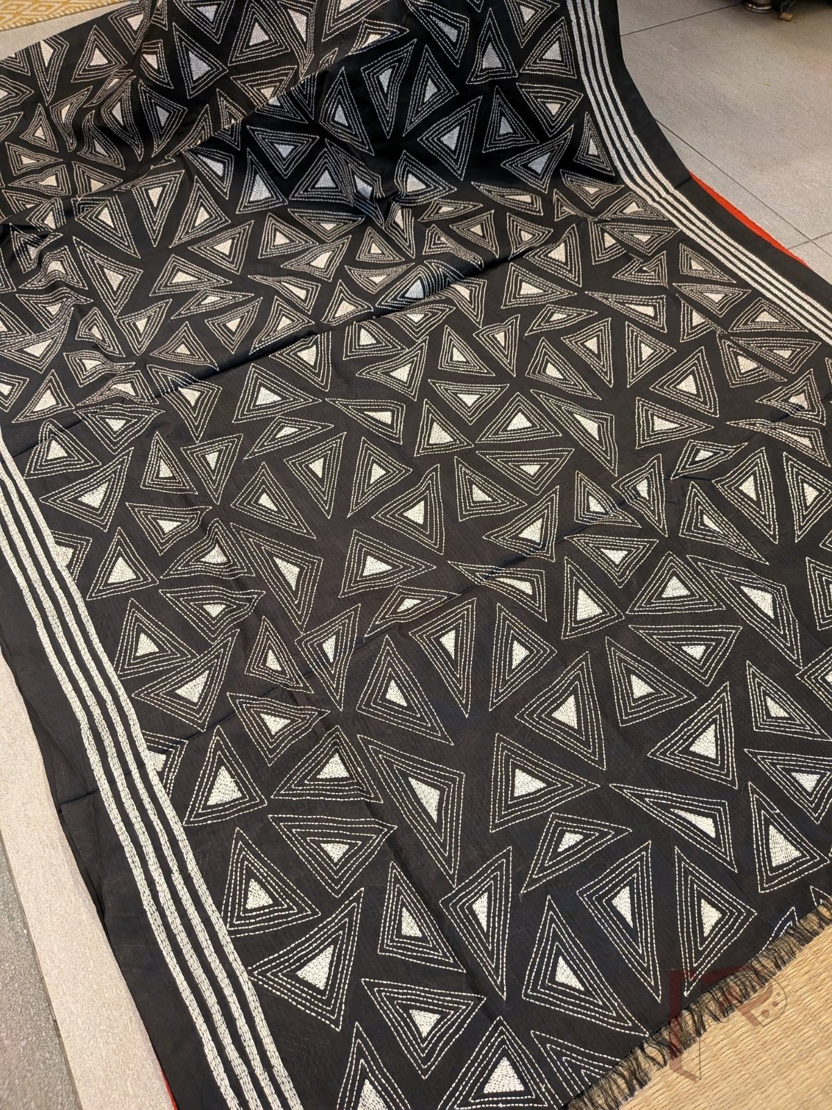 Kantha Keepsakes - Black Blended Silk Saree with White Geometric Triangle and Floral Kantha Embroidery - Image 3