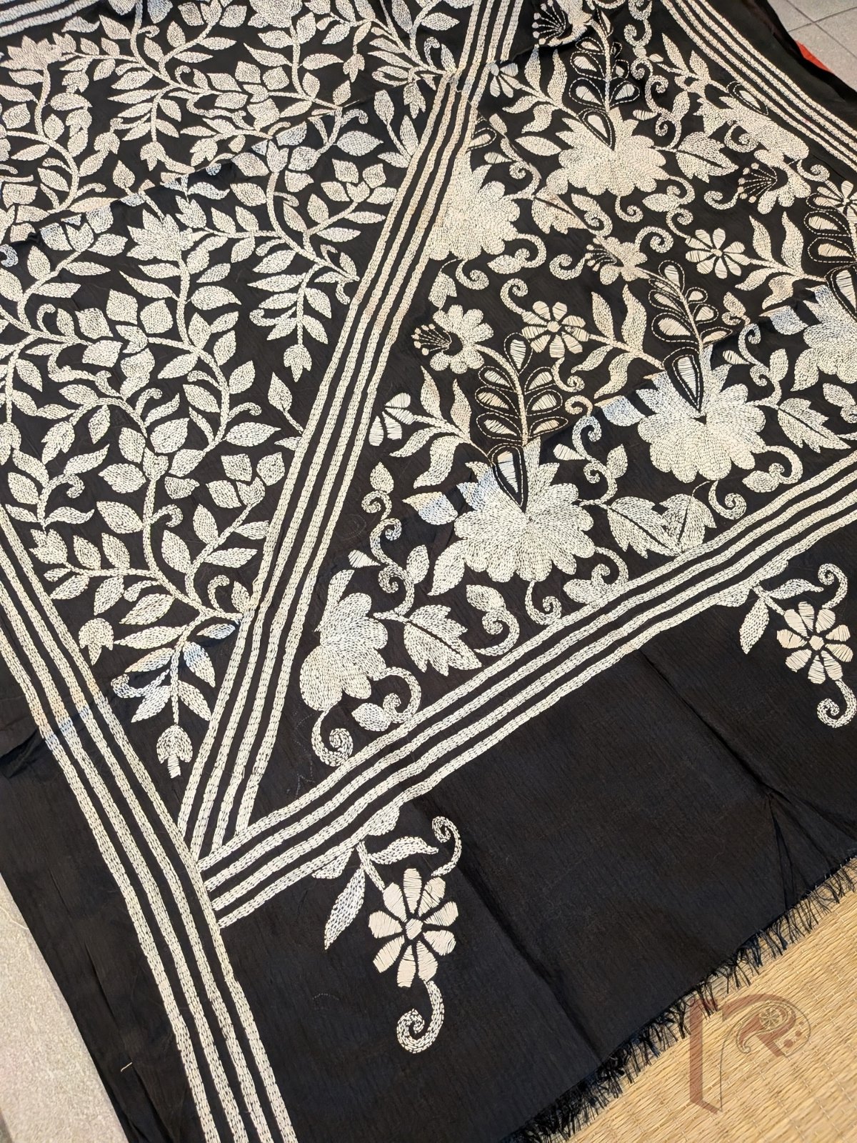 Kantha Keepsakes - Black Blended Silk Saree with White Geometric Triangle and Floral Kantha Embroidery - Image 4