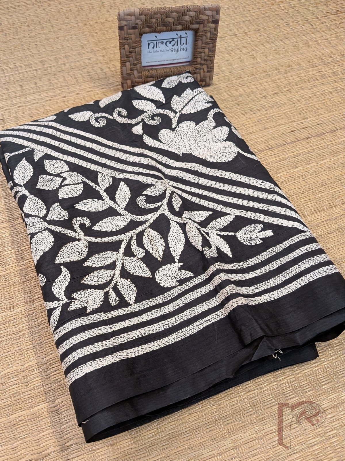 Kantha Keepsakes - Black Blended Silk Saree with White Geometric Triangle and Floral Kantha Embroidery - Image 6