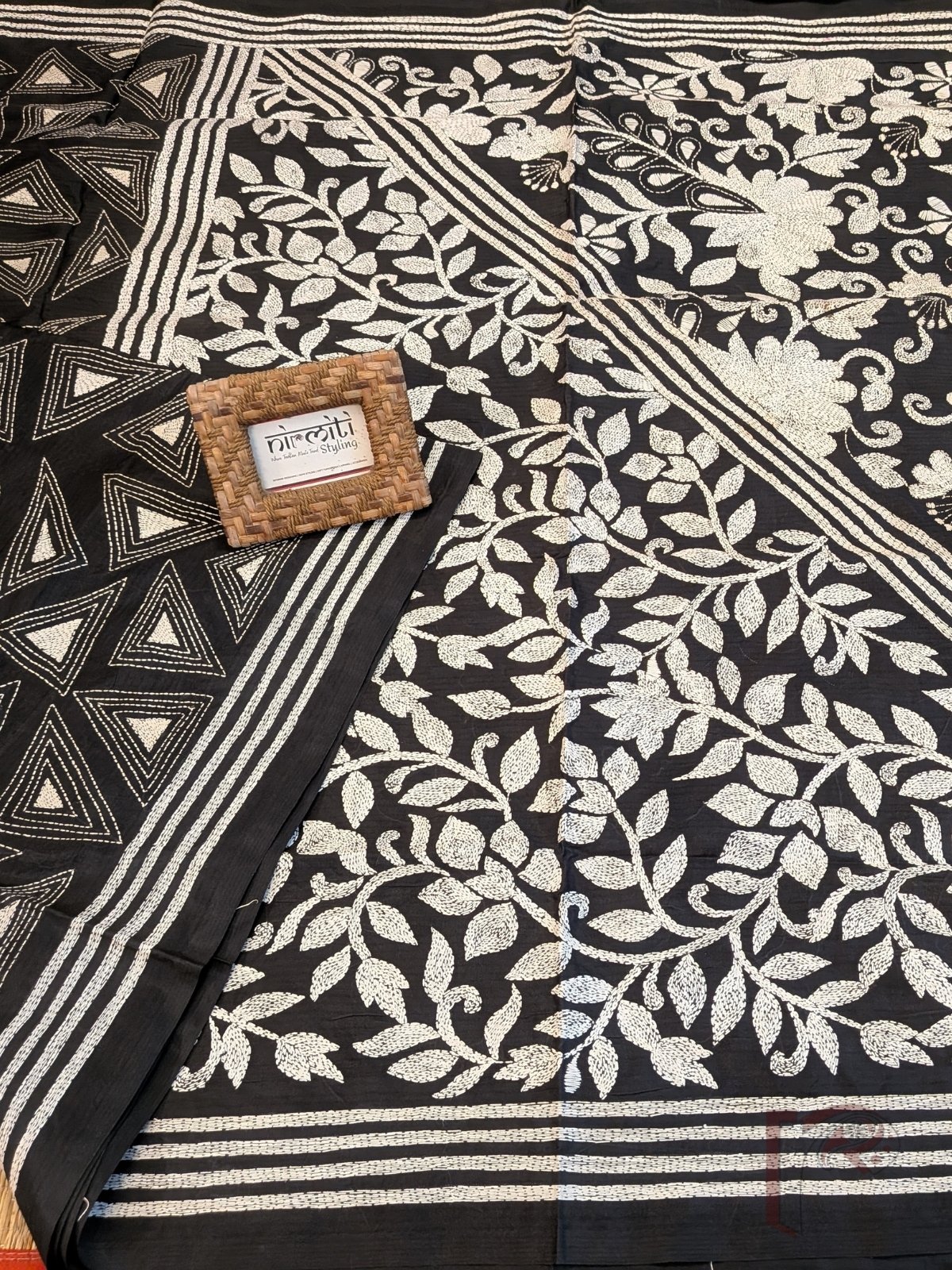 Kantha Keepsakes - Black Blended Silk Saree with White Geometric Triangle and Floral Kantha Embroidery - Image 7