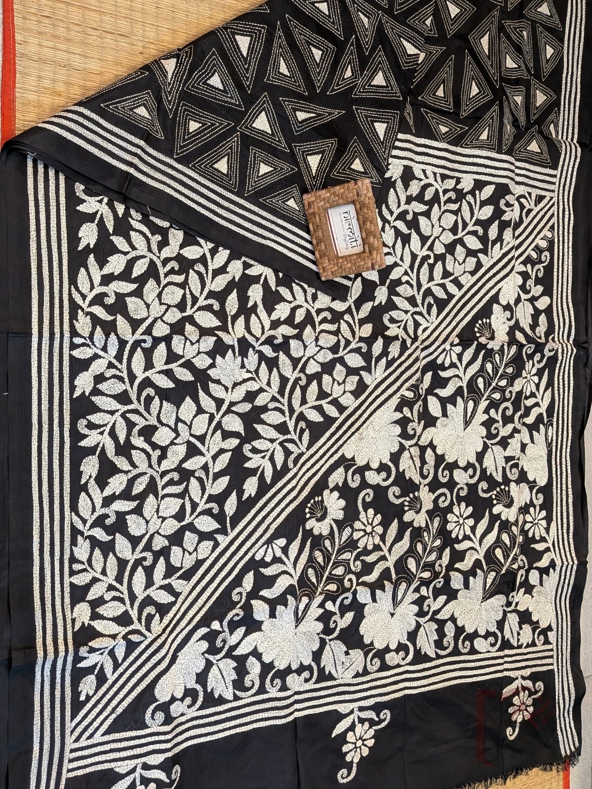 Kantha Keepsakes - Black Blended Silk Saree with White Geometric Triangle and Floral Kantha Embroidery - Image 8