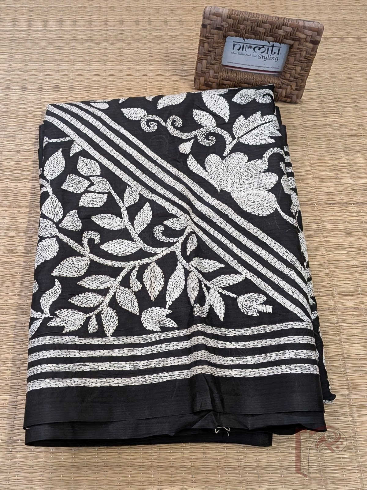 Kantha Keepsakes - Black Blended Silk Saree with White Geometric Triangle and Floral Kantha Embroidery - Image 9