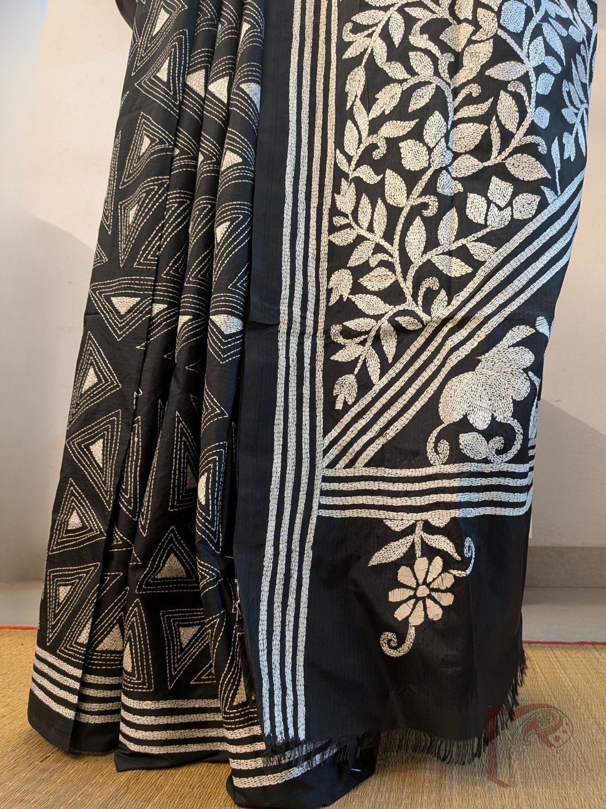 Kantha Keepsakes - Black Blended Silk Saree with White Geometric Triangle and Floral Kantha Embroidery