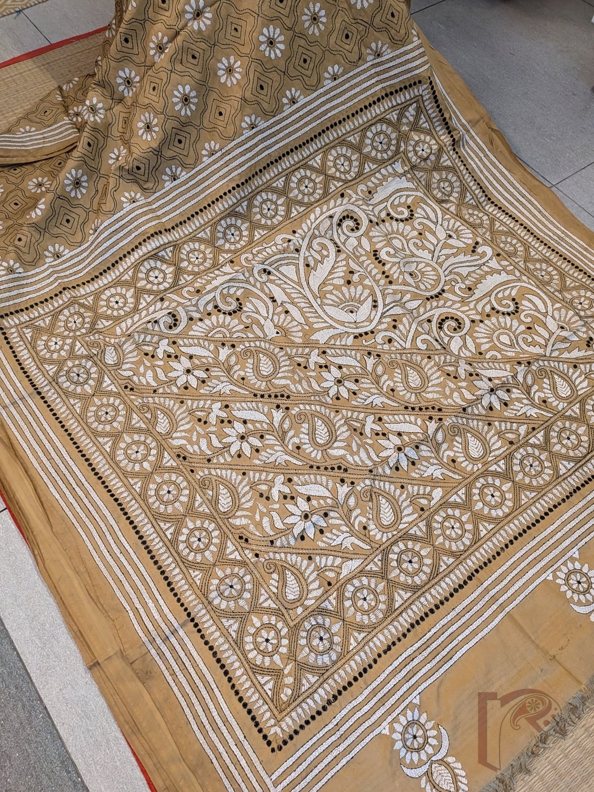 Kantha Keepsakes - Sand Beige Brown Blended Silk Saree with White Floral Jaal and Paisley Kantha Embroidery - Image 2