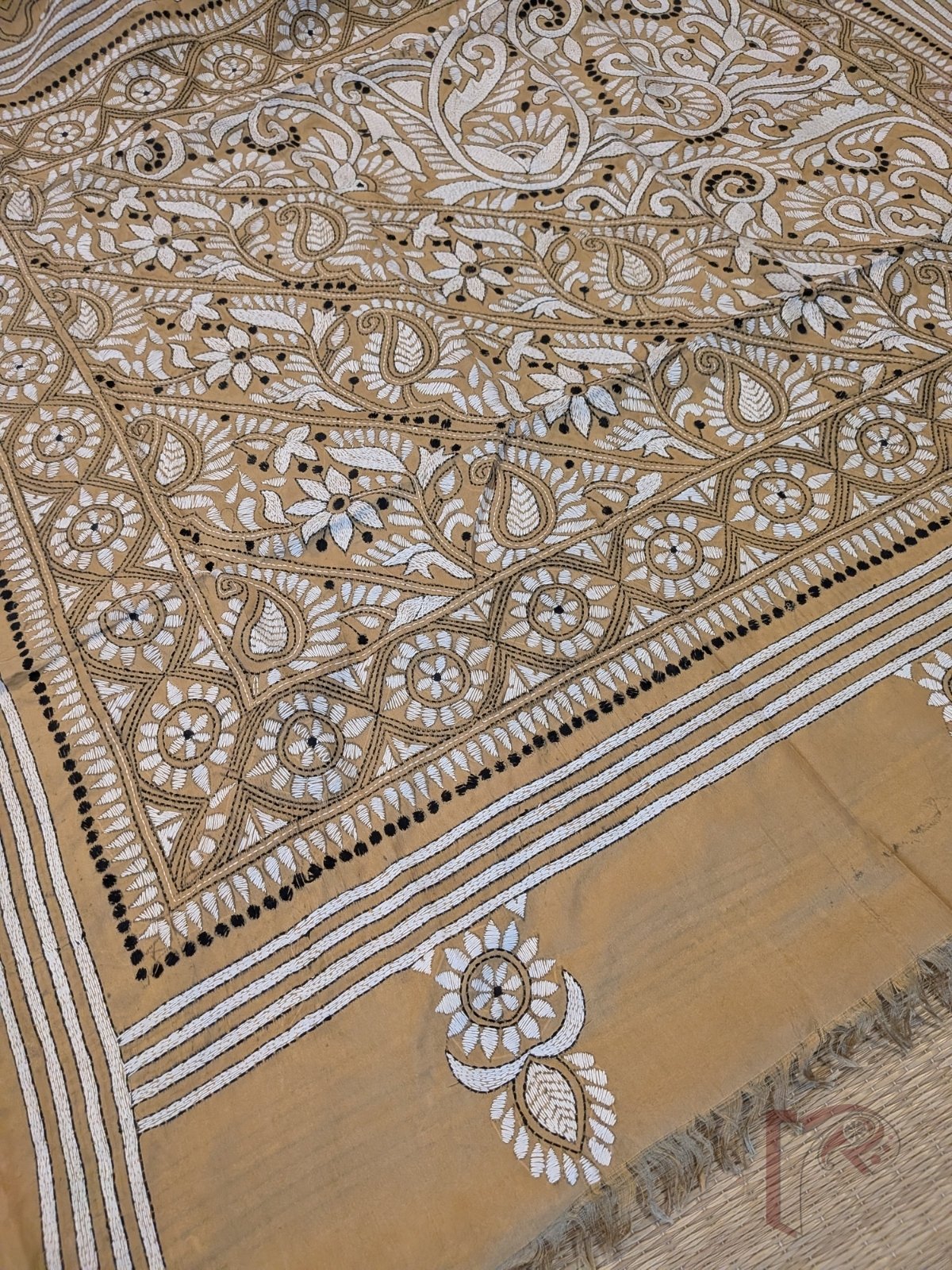 Kantha Keepsakes - Sand Beige Brown Blended Silk Saree with White Floral Jaal and Paisley Kantha Embroidery - Image 4