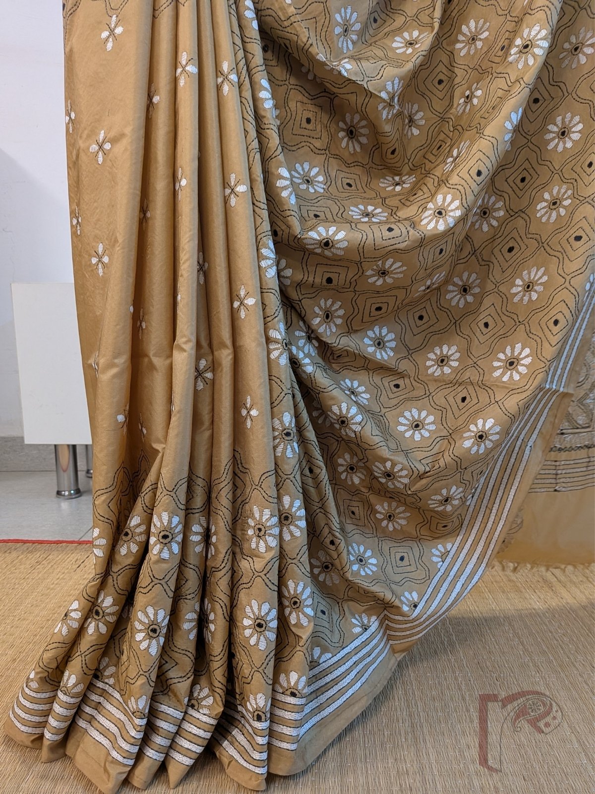 Kantha Keepsakes - Sand Beige Brown Blended Silk Saree with White Floral Jaal and Paisley Kantha Embroidery - Image 5