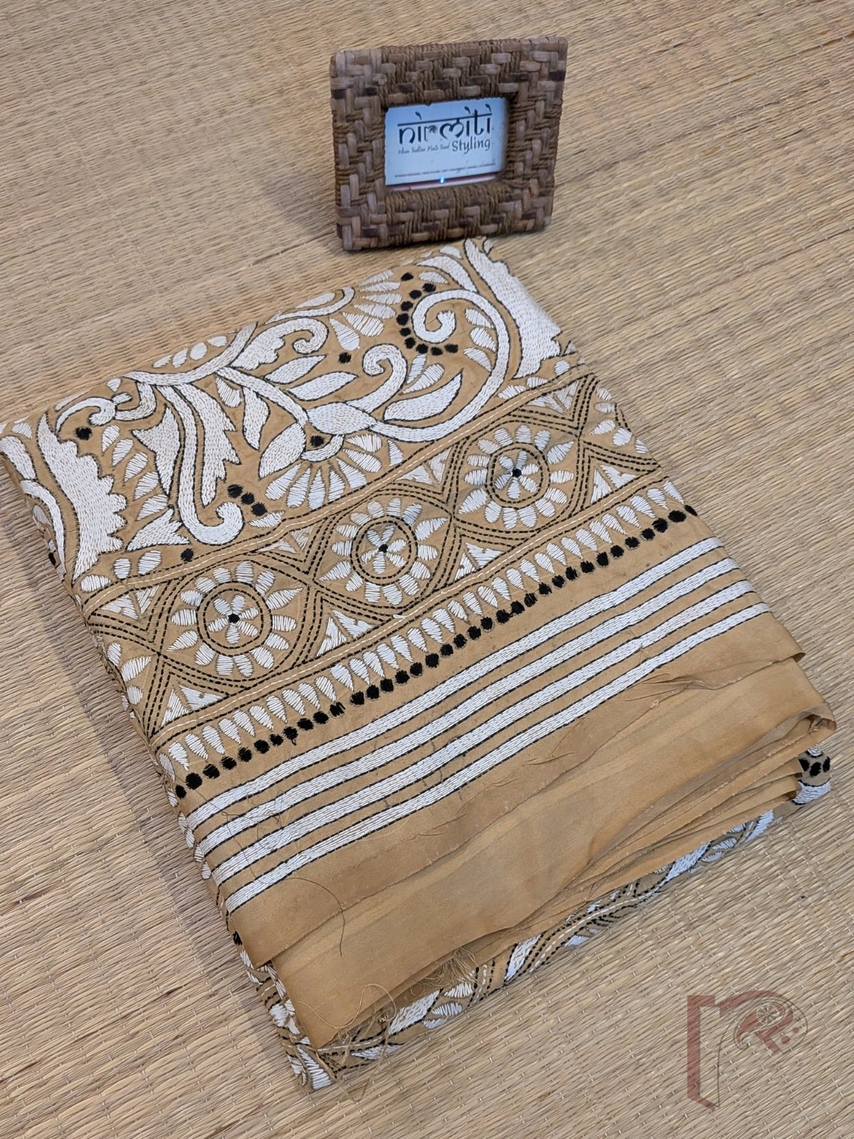 Kantha Keepsakes - Sand Beige Brown Blended Silk Saree with White Floral Jaal and Paisley Kantha Embroidery - Image 6