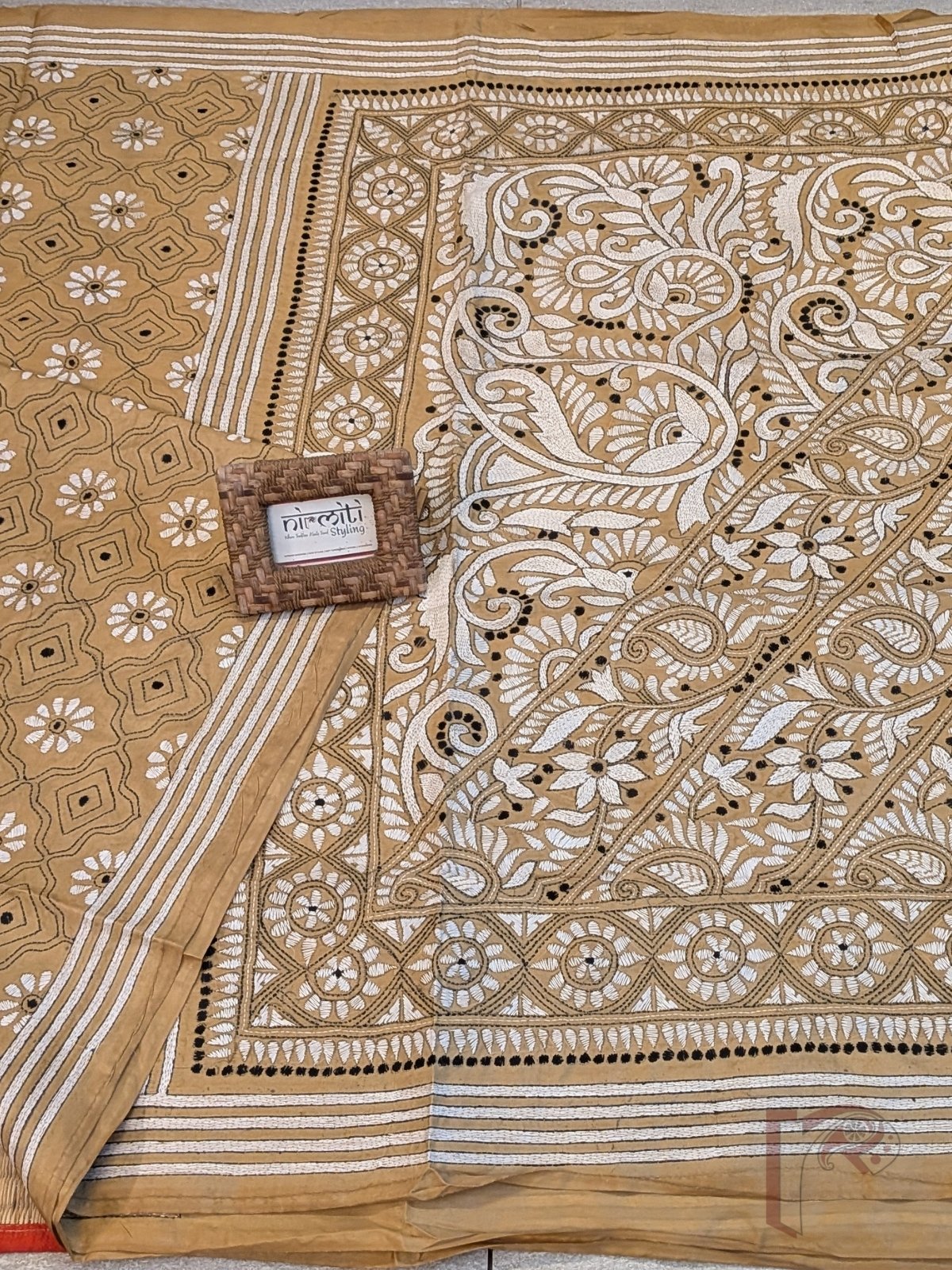 Kantha Keepsakes - Sand Beige Brown Blended Silk Saree with White Floral Jaal and Paisley Kantha Embroidery - Image 7