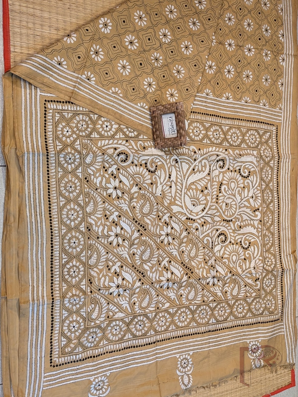 Kantha Keepsakes - Sand Beige Brown Blended Silk Saree with White Floral Jaal and Paisley Kantha Embroidery - Image 8