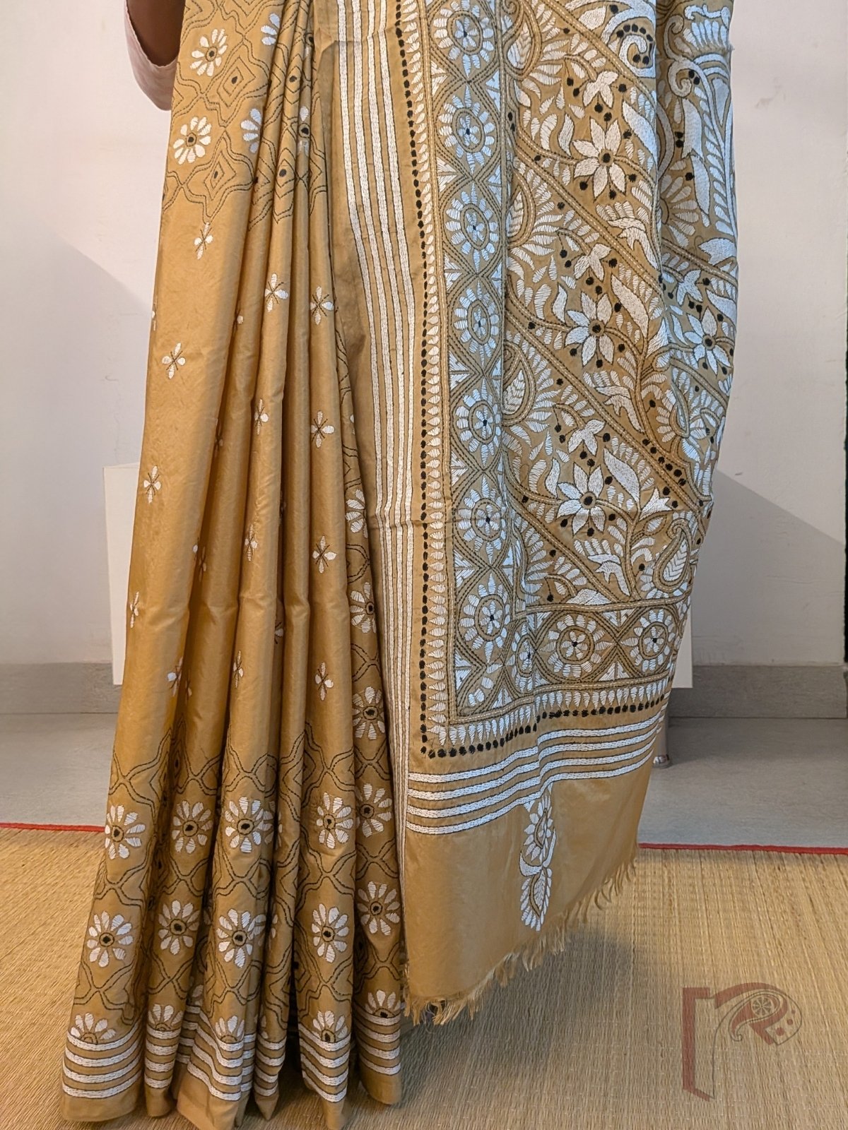 Kantha Keepsakes - Sand Beige Brown Blended Silk Saree with White Floral Jaal and Paisley Kantha Embroidery