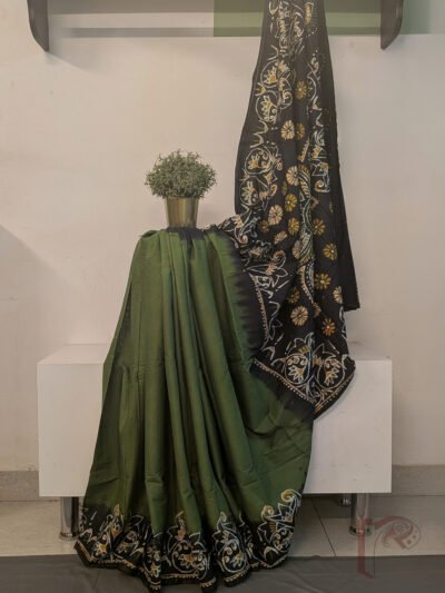 Mulmul Muse – Olive Green and Black Mul Cotton Batik Saree with Floral Mandala and Paisley Border