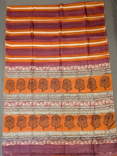 Tussar Tales - Rust Orange and Maroon Soft Tussar Silk Saree with Multicolour Stripes and Dahlia Pallu