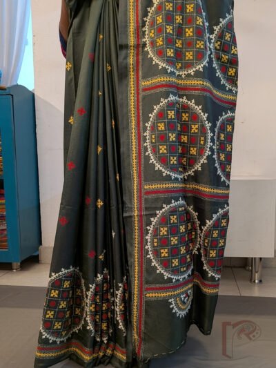Kantha Keepsakes - Army Green Kutchi Kantha Saree with Multicolour Chakra and Mandala Embroidery