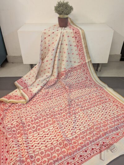 Chanderi Charisma – White and Red Floral Handblock Print Hand Embroidered Chanderi Cotton Silk Saree