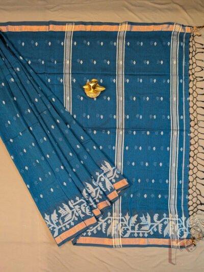 Jamdani Joy - Peacock Blue Shantipur Handloom Soft Cotton Jamdani Saree with Off-White Floral Buttas
