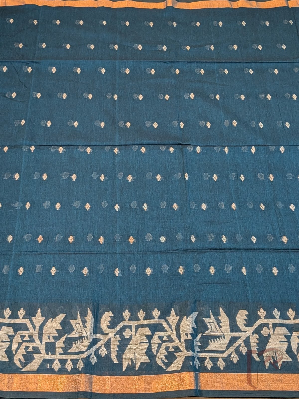 Jamdani Joy - Peacock Blue Shantipur Handloom Soft Cotton Jamdani Saree with Off-White Floral Buttas - Image 7