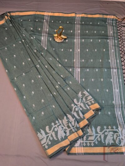 Jamdani Joy - Sage Green Shantipur Handloom Soft Cotton Jamdani Saree with Off-White Floral Buttas