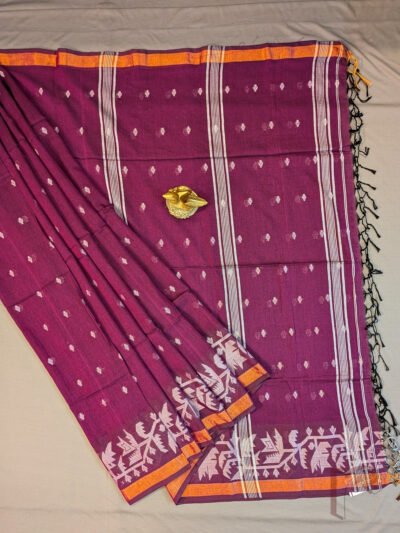 Jamdani Joy - Deep Purple Shantipur Handloom Soft Cotton Jamdani Saree with Off-White Floral Buttas