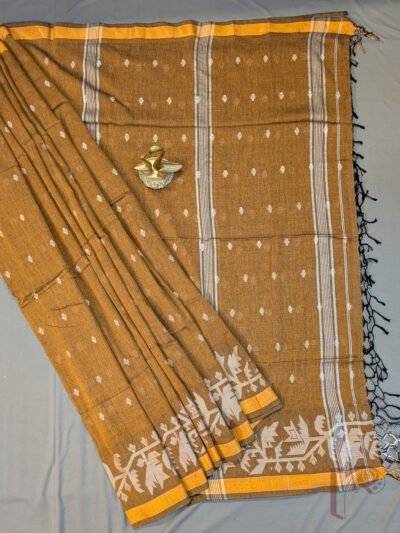 Jamdani Joy - Mustard Brown Shantipur Handloom Soft Cotton Jamdani Saree with Off-White Floral Buttas