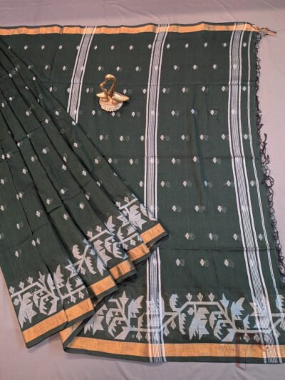 Jamdani Joy - Dark Green Shantipur Handloom Soft Cotton Jamdani Saree with Off-White Floral Buttas