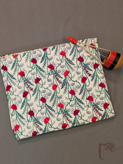 Off White Grey Floral Vine Kantha Embroidery Cotton Kurta Material with Red Flowers and Zigzag Daman