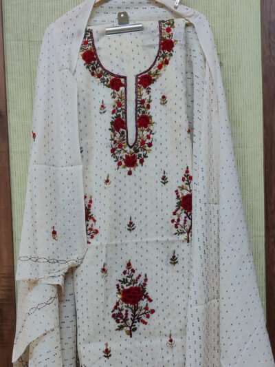 Suit stories - White Cotton Woven Booti Suit Set with Red French Knot Floral Embroidery