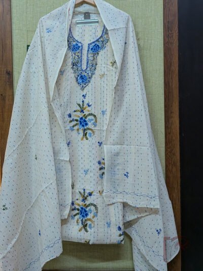 Suit stories - White Cotton Woven Booti Suit Set with Ink Blue French Knot Floral Embroidery