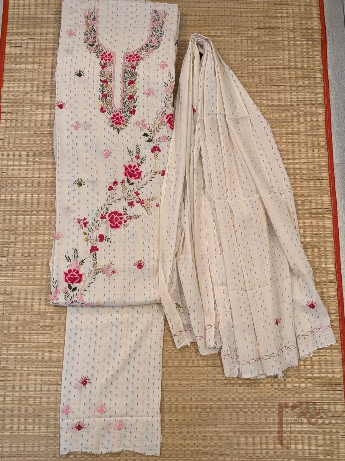 Suit stories - White Cotton Woven Booti Suit Set with Dark Pink French Knot Floral Embroidery - Image 2