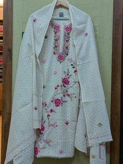 Suit stories - White Cotton Woven Booti Suit Set with Dark Pink French Knot Floral Embroidery