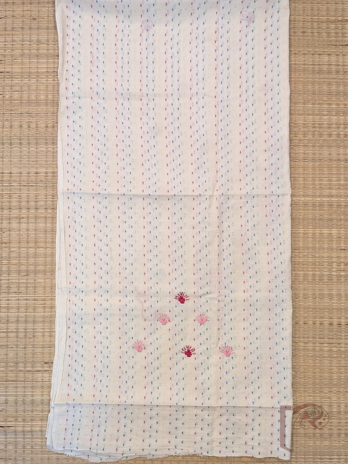 Suit stories - White Cotton Woven Booti Suit Set with Dark Pink French Knot Floral Embroidery - Image 5