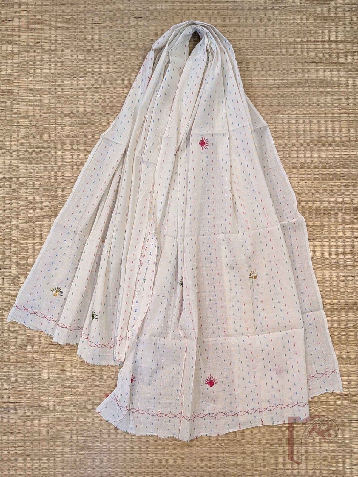 Suit stories - White Cotton Woven Booti Suit Set with Dark Pink French Knot Floral Embroidery - Image 6